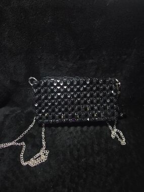Black Studded Wristlet Clutch with Silver Chain Strap